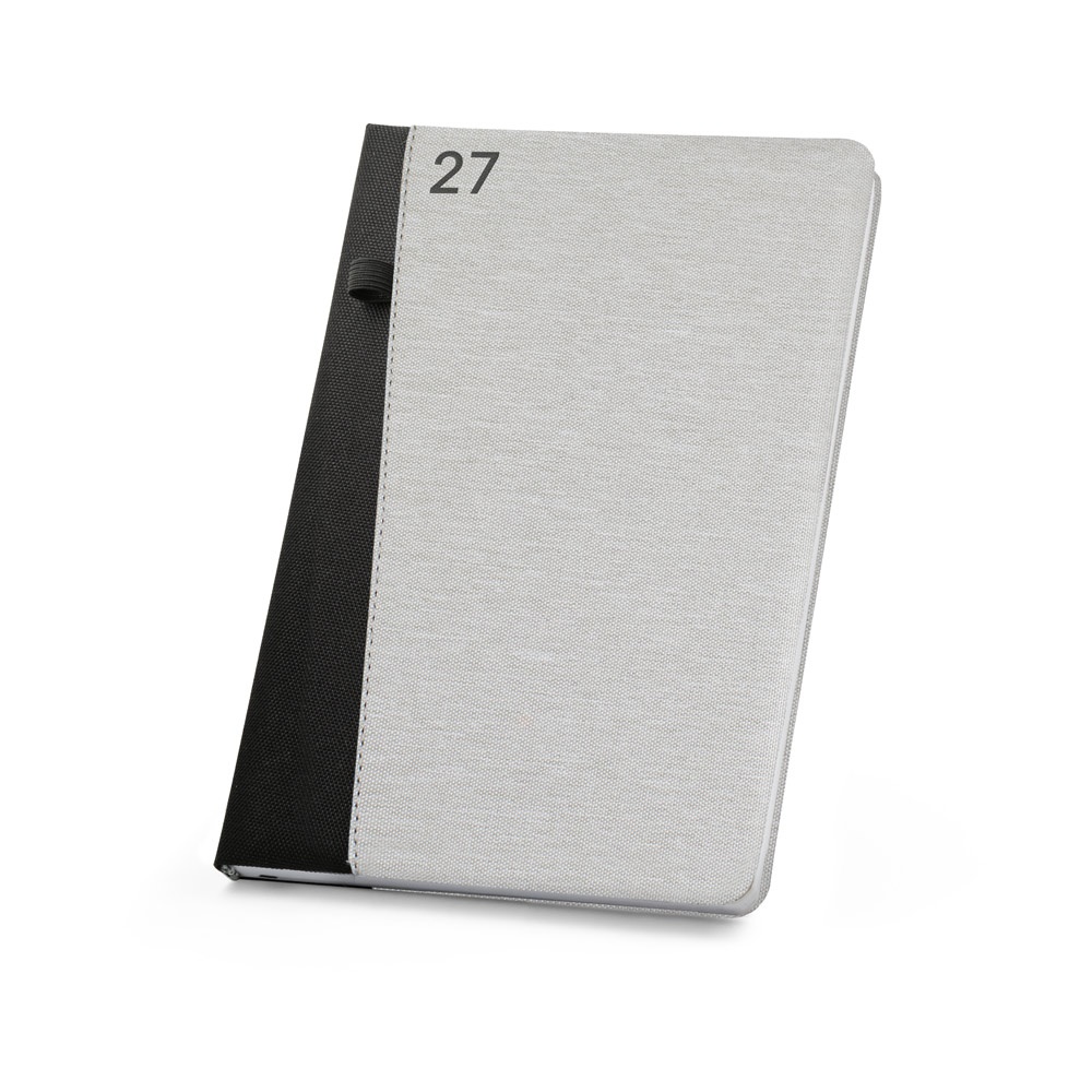Agenda semanal B5 em RPET com porta-caneta na cor Cinza, personalizada com a logo da empresa