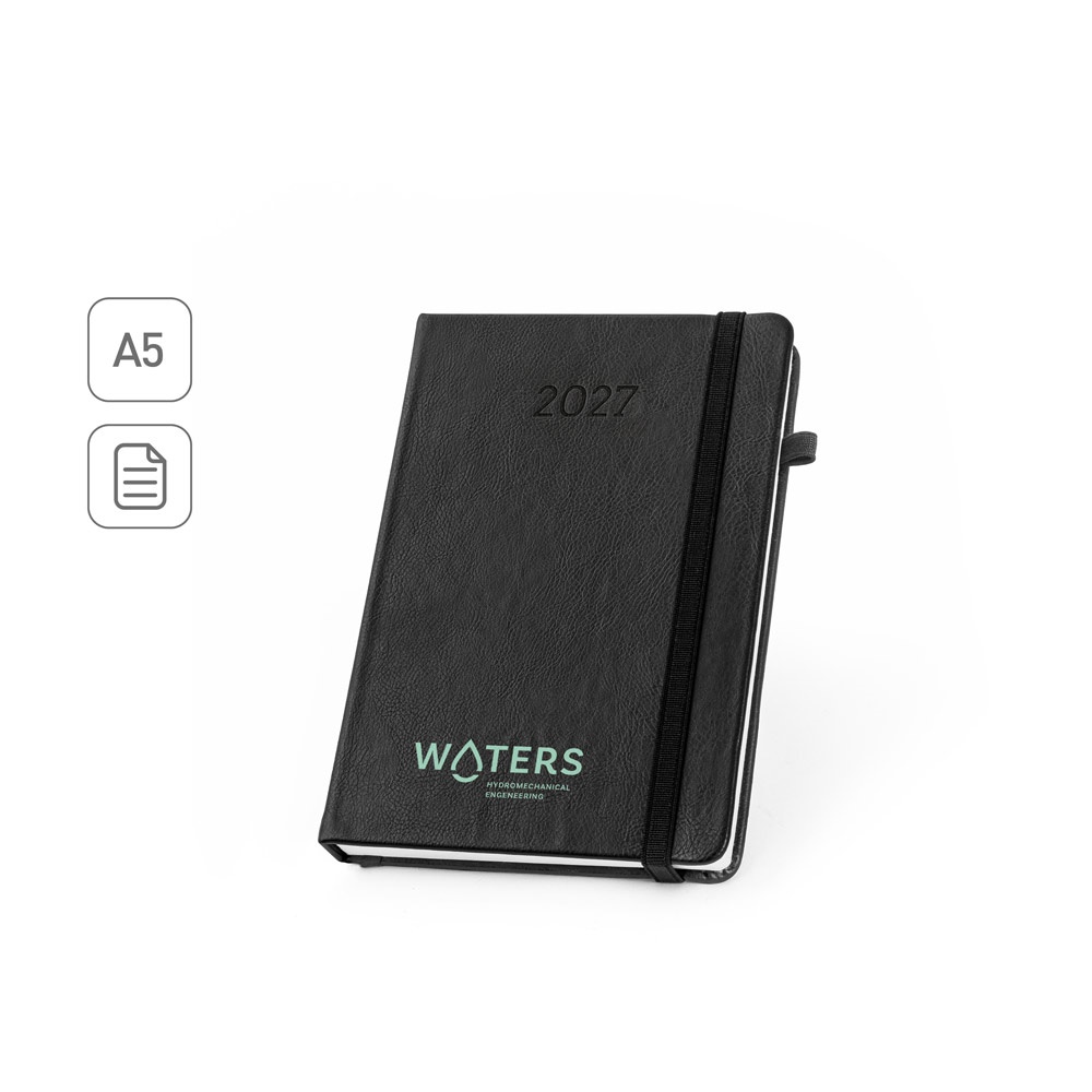 Agenda A5 em PU à base de água com porta-caneta e elástico personalizada com a logo da empresa