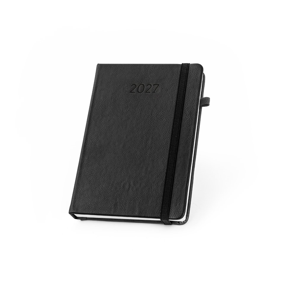 Agenda A5 em PU à base de água com porta-caneta e elástico na cor Preto, personalizada com a logo da empresa