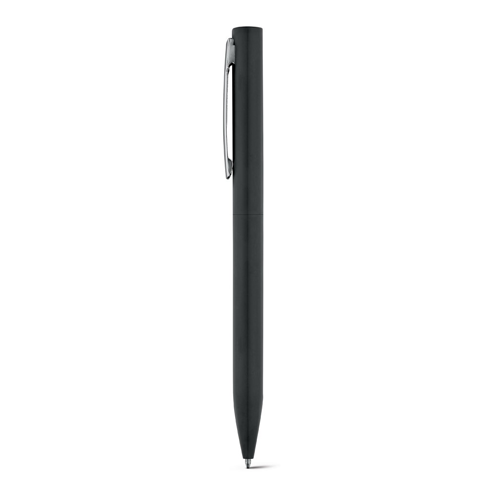 Caneta esferográfica twist em alumínio com cromagem brilhante na cor Preto, personalizada com a logo da empresa