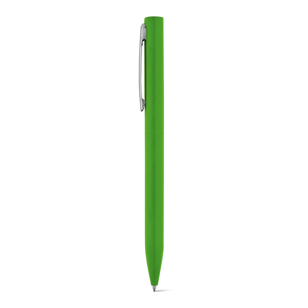 Caneta esferográfica twist em alumínio com cromagem brilhante personalizada com a logo da empresa, na cor verde claro