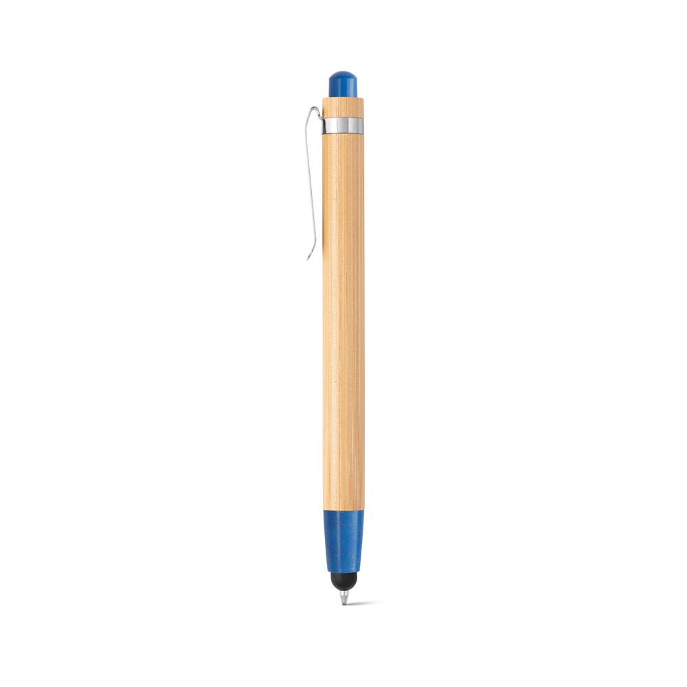 Caneta esferográfica touch em bambu com escrita a azul na cor Azul royal, personalizada com a logo da empresa
