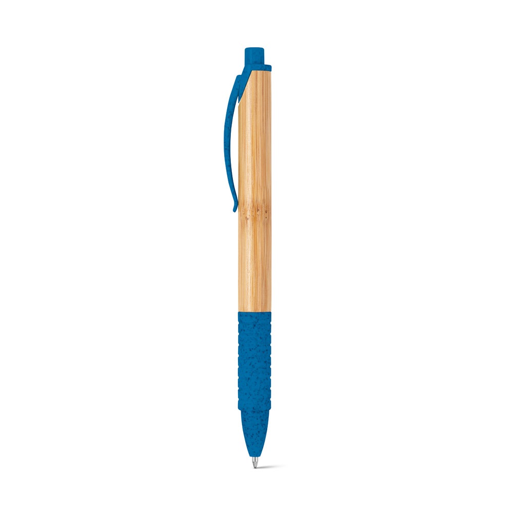 Caneta esferográfica em bambu com pega antideslizante colorida na cor Azul royal, personalizada com a logo da empresa