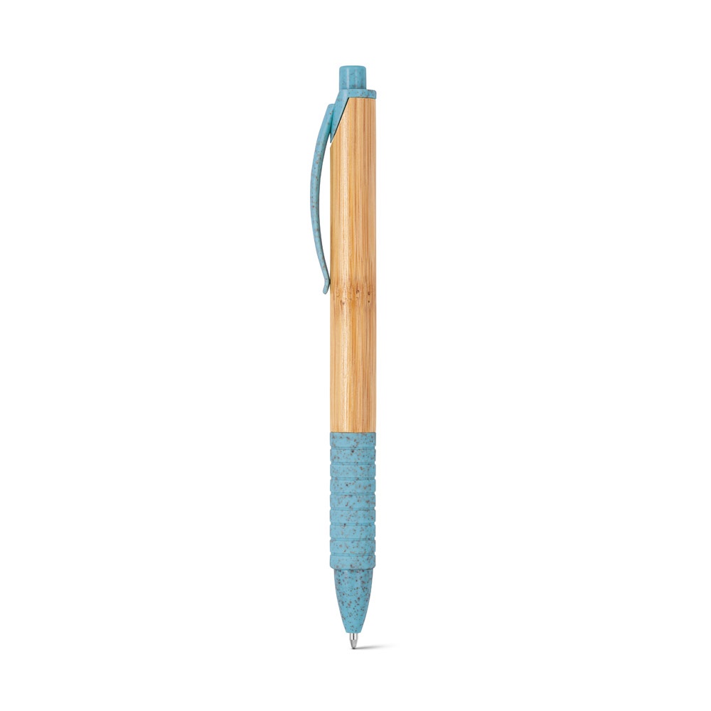 Caneta esferográfica em bambu com pega antideslizante colorida personalizada com a logo da empresa, na cor azul claro