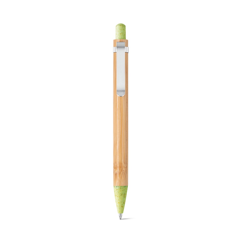 Caneta esferográfica em bambu com clipe de metal e fibra de trigo personalizada com a logo da empresa, na cor verde claro