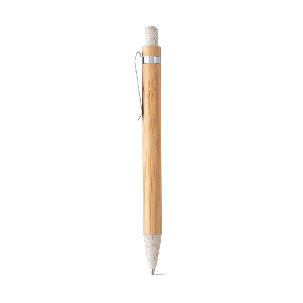 Caneta esferográfica em bambu com clipe de metal e fibra de trigo personalizada com a logo da empresa, na cor natural claro