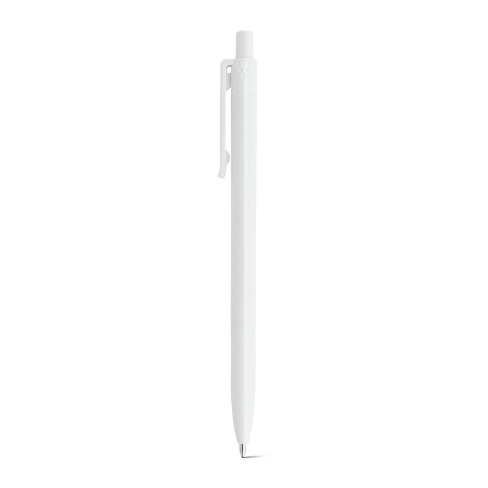 Caneta esferográfica em ABS brilhante de cor sólida com clipe vazado na cor Branco, personalizada com a logo da empresa