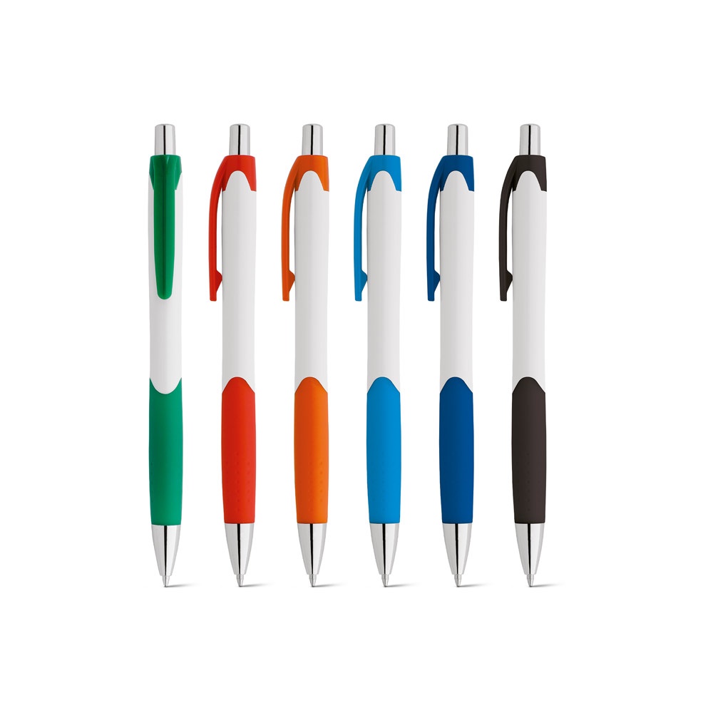 Caneta esferográfica em ABS com corpo branco, grip e ponteira cromada personalizada com a logo da empresa