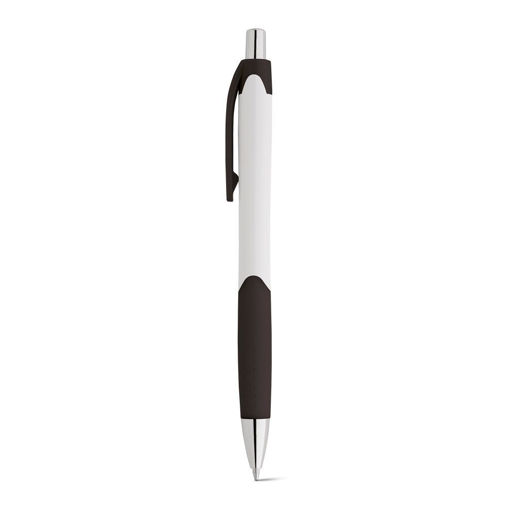 Caneta esferográfica em ABS com corpo branco, grip e ponteira cromada na cor Preto, personalizada com a logo da empresa