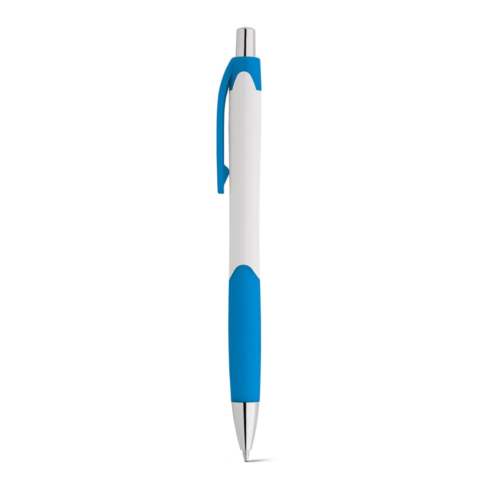 Caneta esferográfica em ABS com corpo branco, grip e ponteira cromada personalizada com a logo da empresa, na cor azul claro