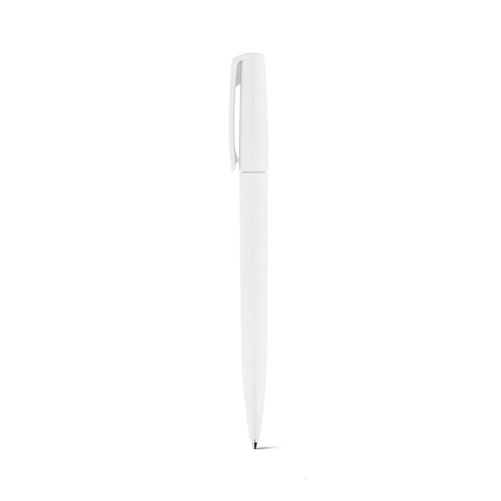 Caneta esferográfica em ABS brilhante com mecanismo twist na cor Branco, personalizada com a logo da empresa