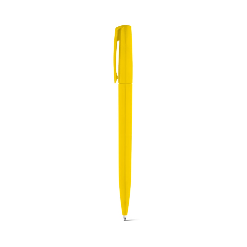 Caneta esferográfica em ABS brilhante com mecanismo twist personalizada com a logo da empresa, na cor amarelo