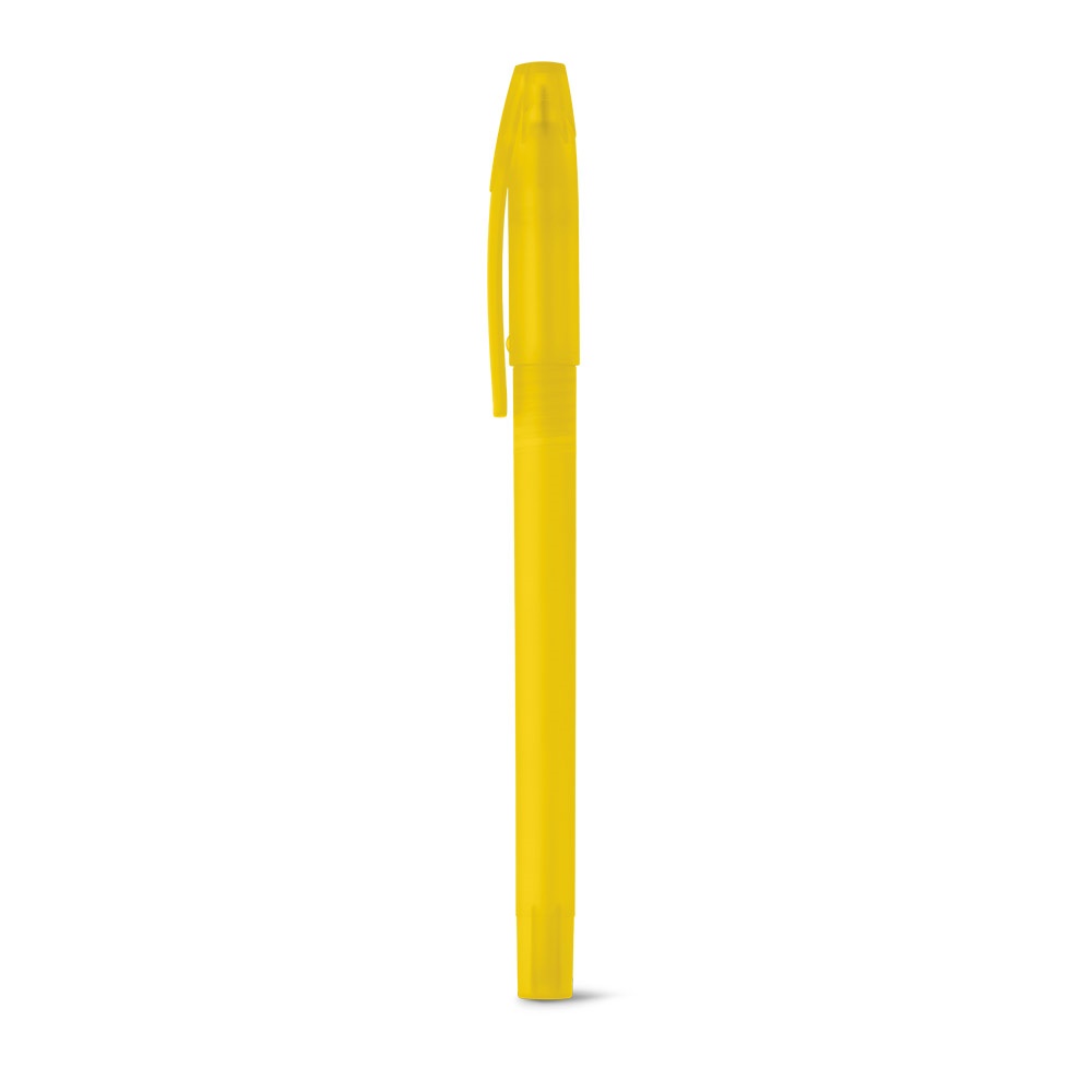 Caneta esferográfica em PP com acabamento frost e tampa larga personalizada com a logo da empresa, na cor amarelo