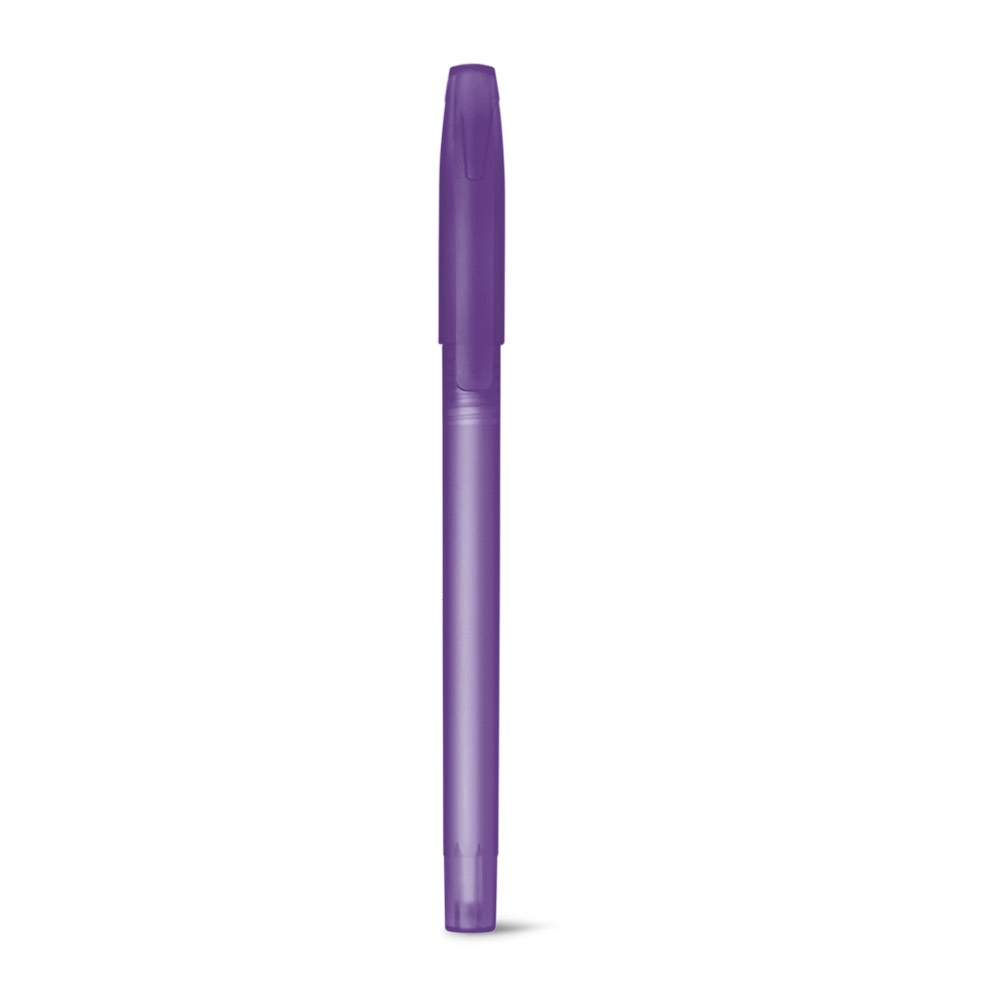 Caneta esferográfica em PP com acabamento frost e tampa larga personalizada com a logo da empresa, na cor roxo