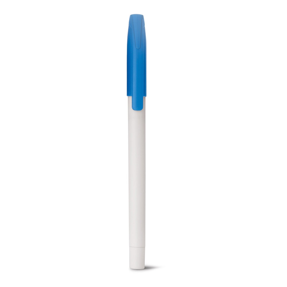 Caneta esferográfica de plástico fosca com tampa colorida personalizada com a logo da empresa, na cor azul claro