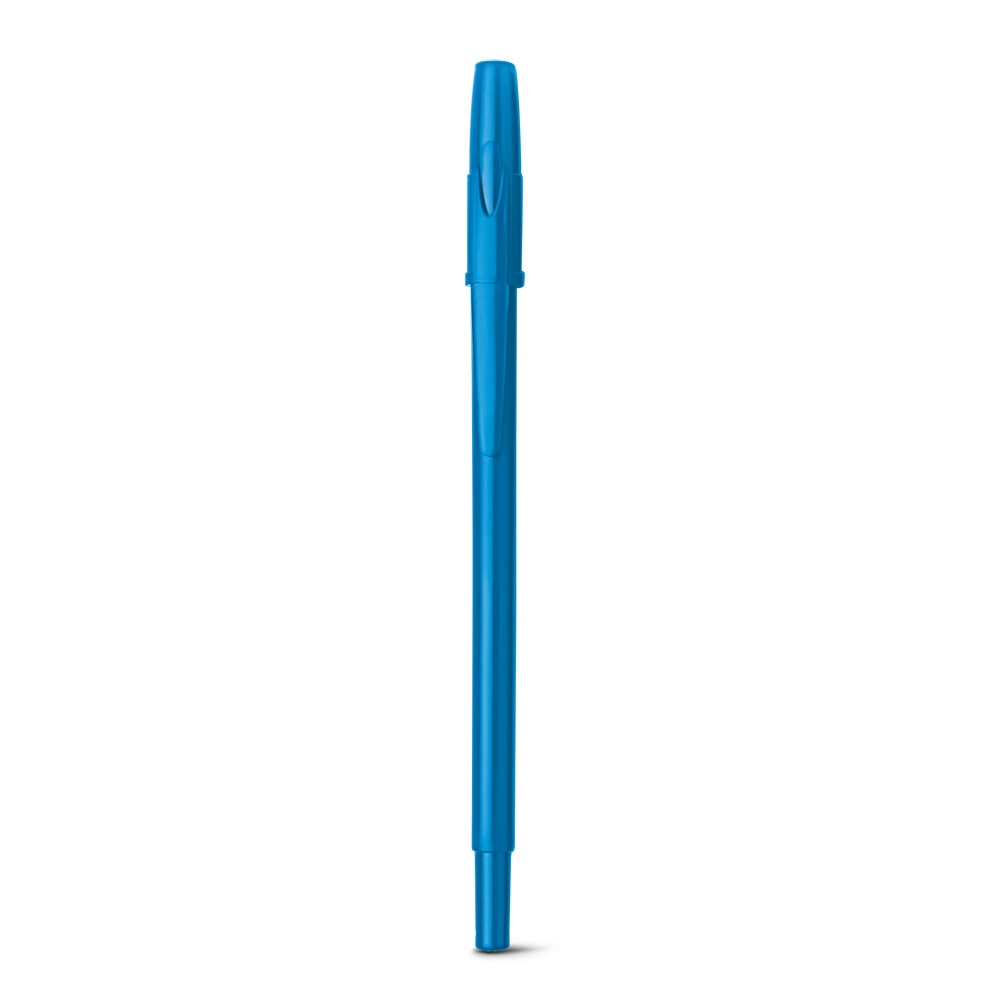 Caneta esferográfica brilhante com tampa e corpo coloridos na cor Azul claro, personalizada com a logo da empresa