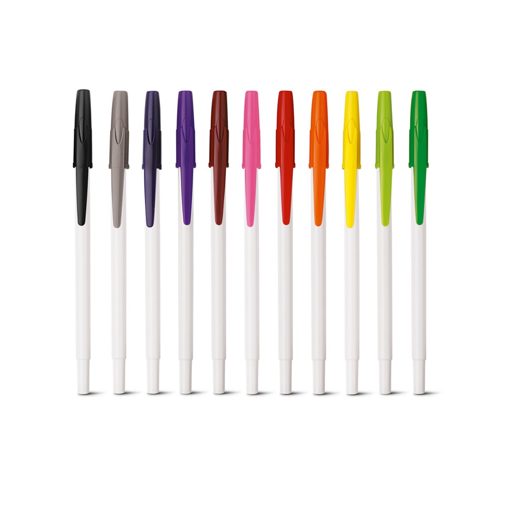 Caneta esferográfica brilhante com tampa colorida e corpo branco personalizada com a logo da empresa