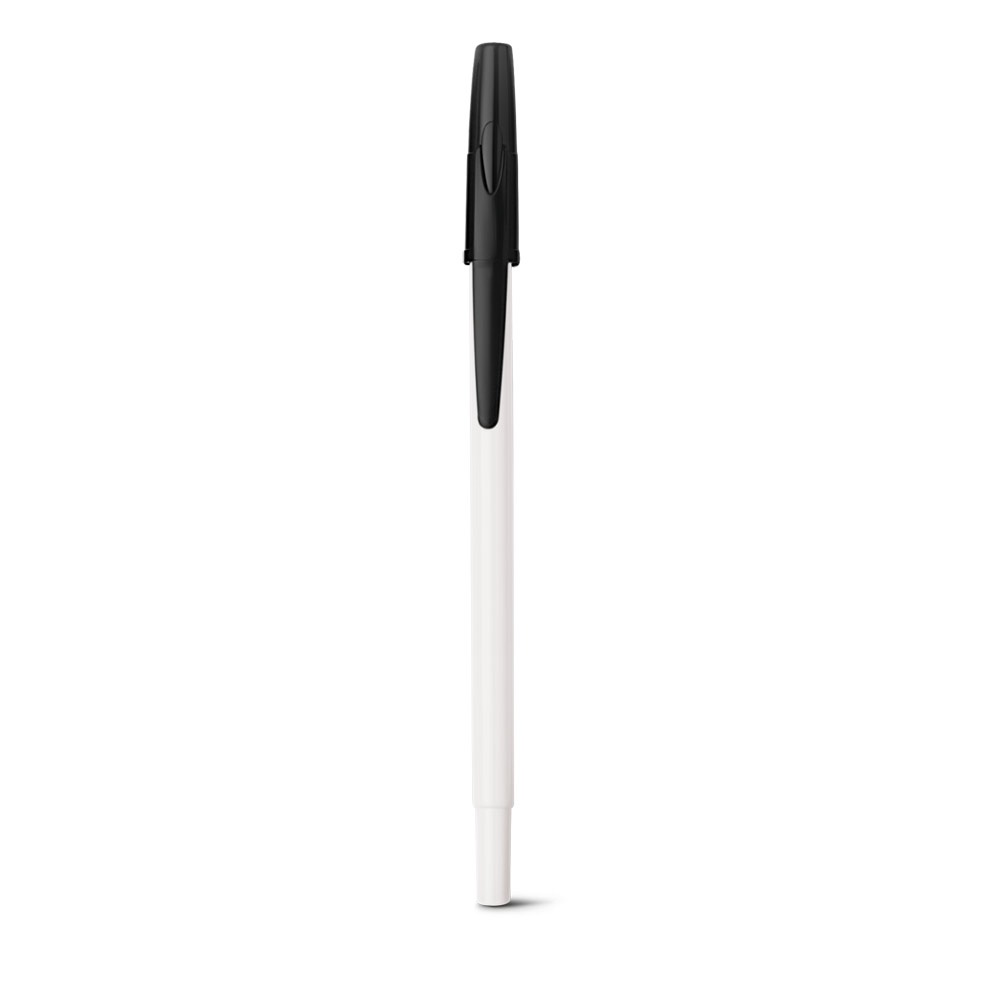 Caneta esferográfica brilhante com tampa colorida e corpo branco na cor Preto, personalizada com a logo da empresa