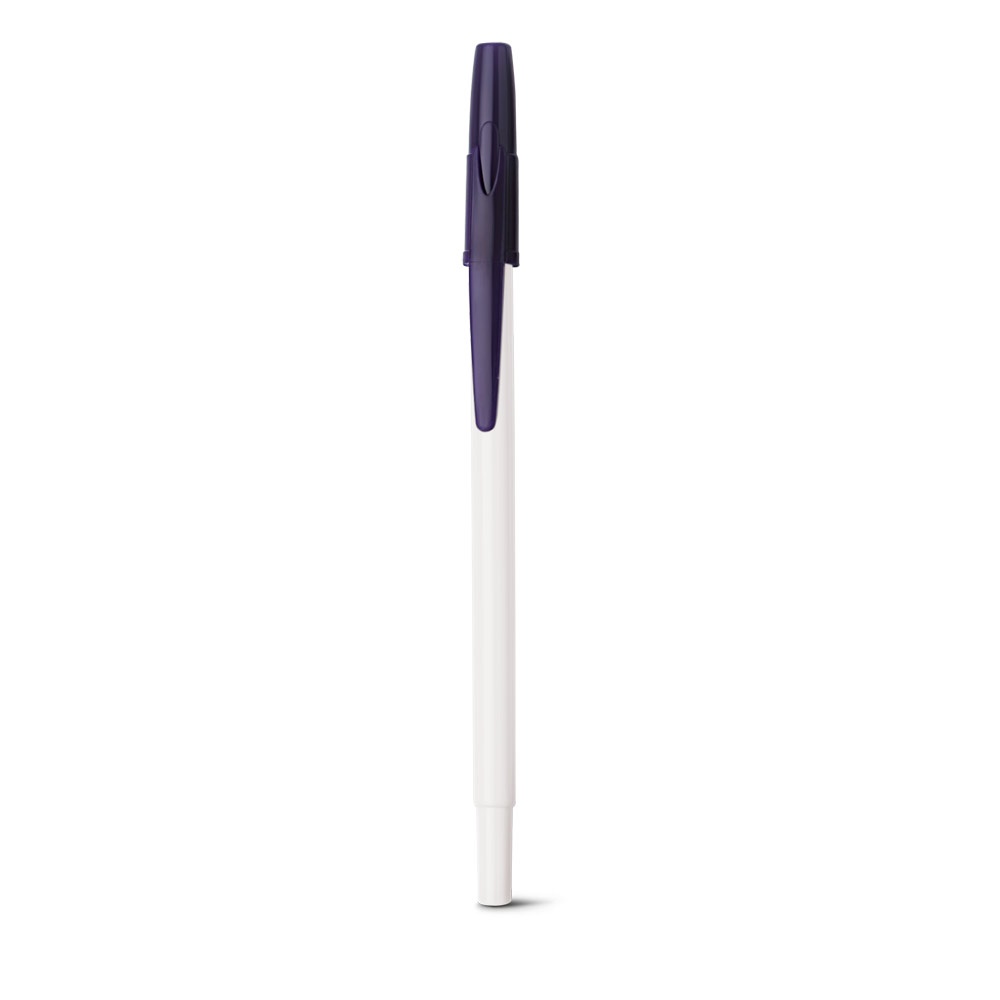 Caneta esferográfica brilhante com tampa colorida e corpo branco personalizada com a logo da empresa, na cor azul