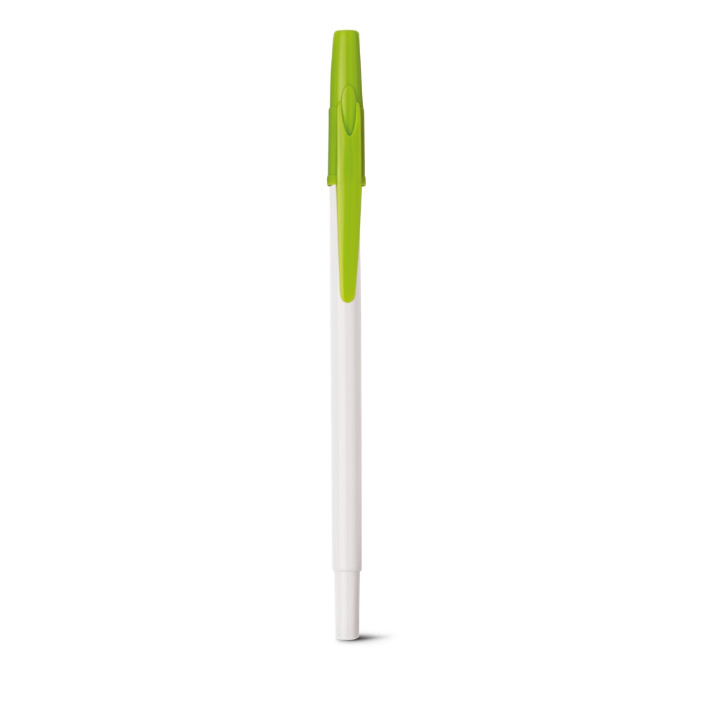 Caneta esferográfica brilhante com tampa colorida e corpo branco personalizada com a logo da empresa, na cor verde claro