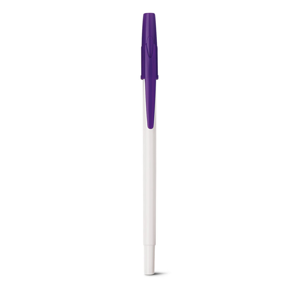 Caneta esferográfica brilhante com tampa colorida e corpo branco personalizada com a logo da empresa, na cor roxo