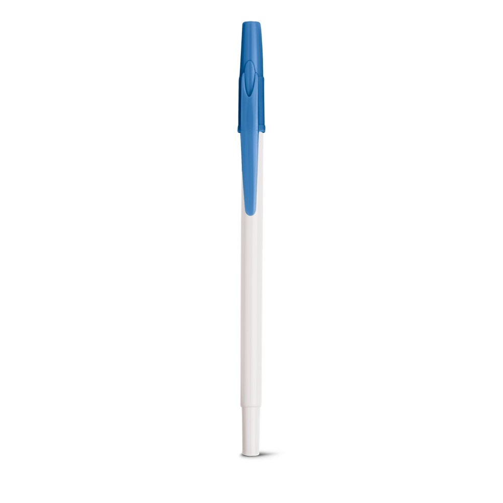Caneta esferográfica brilhante com tampa e ponteira coloridas na cor Azul claro, personalizada com a logo da empresa