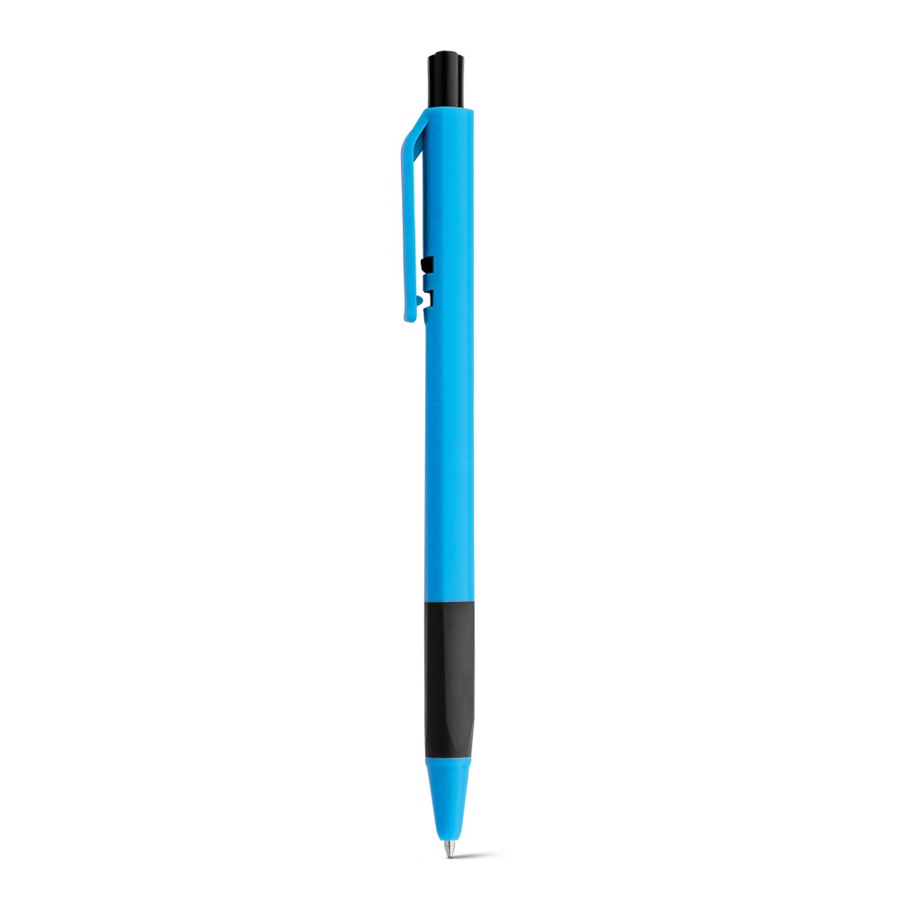 Caneta esferográfica em ABS com corpo triangular e escrita em azul personalizada com a logo da empresa, na cor azul claro