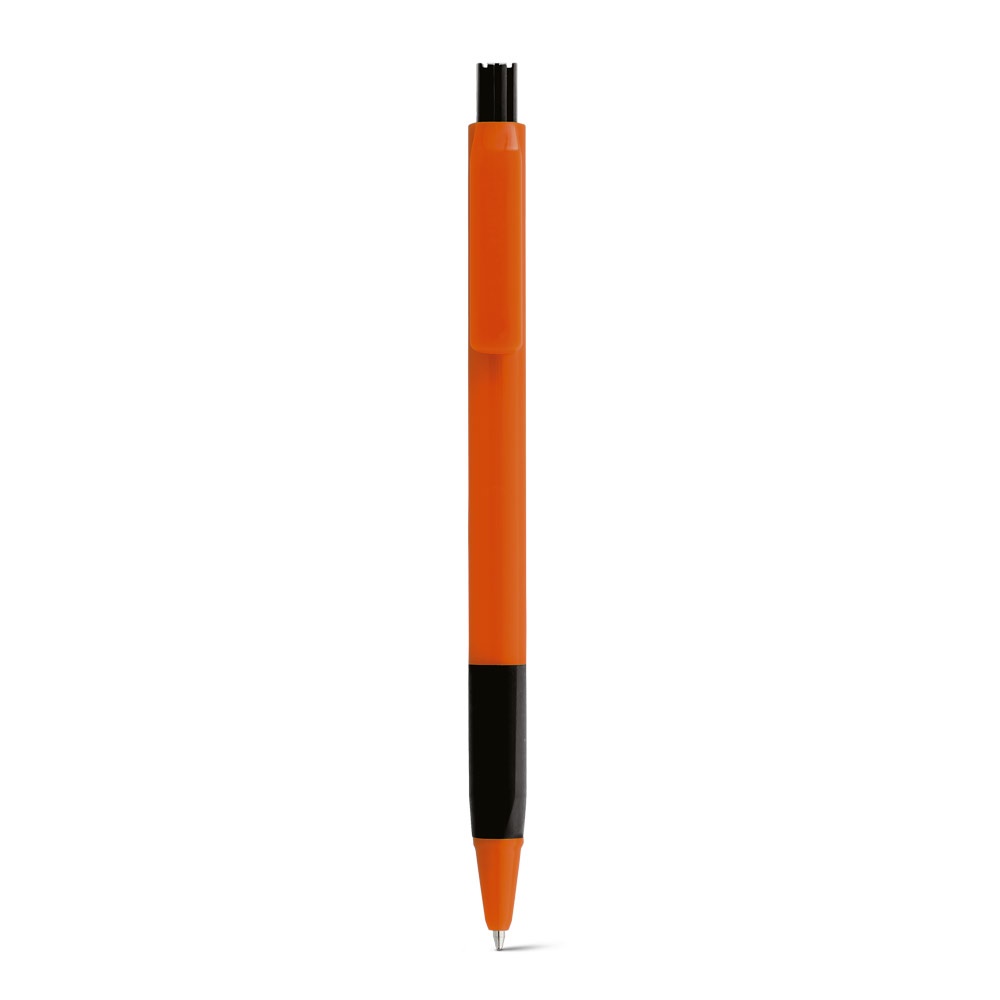 Caneta esferográfica em ABS com corpo triangular e escrita em azul personalizada com a logo da empresa, na cor laranja