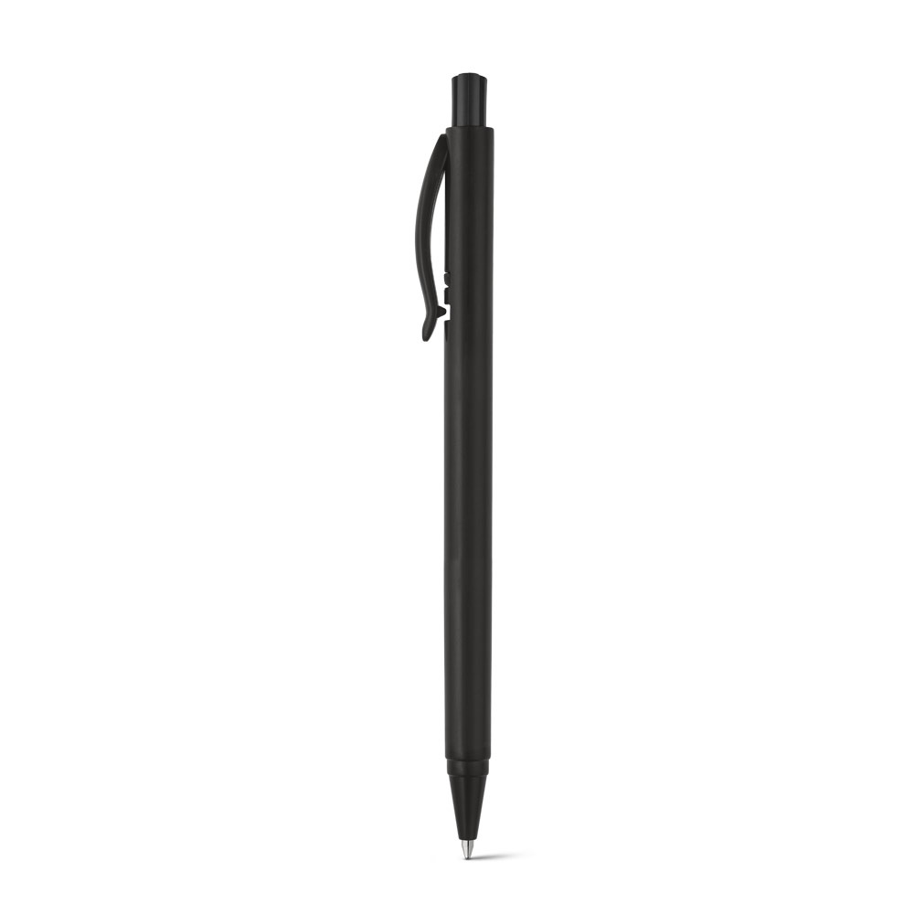 Caneta esferográfica em ABS brilhante com clipe curvo vazado na cor Preto, personalizada com a logo da empresa