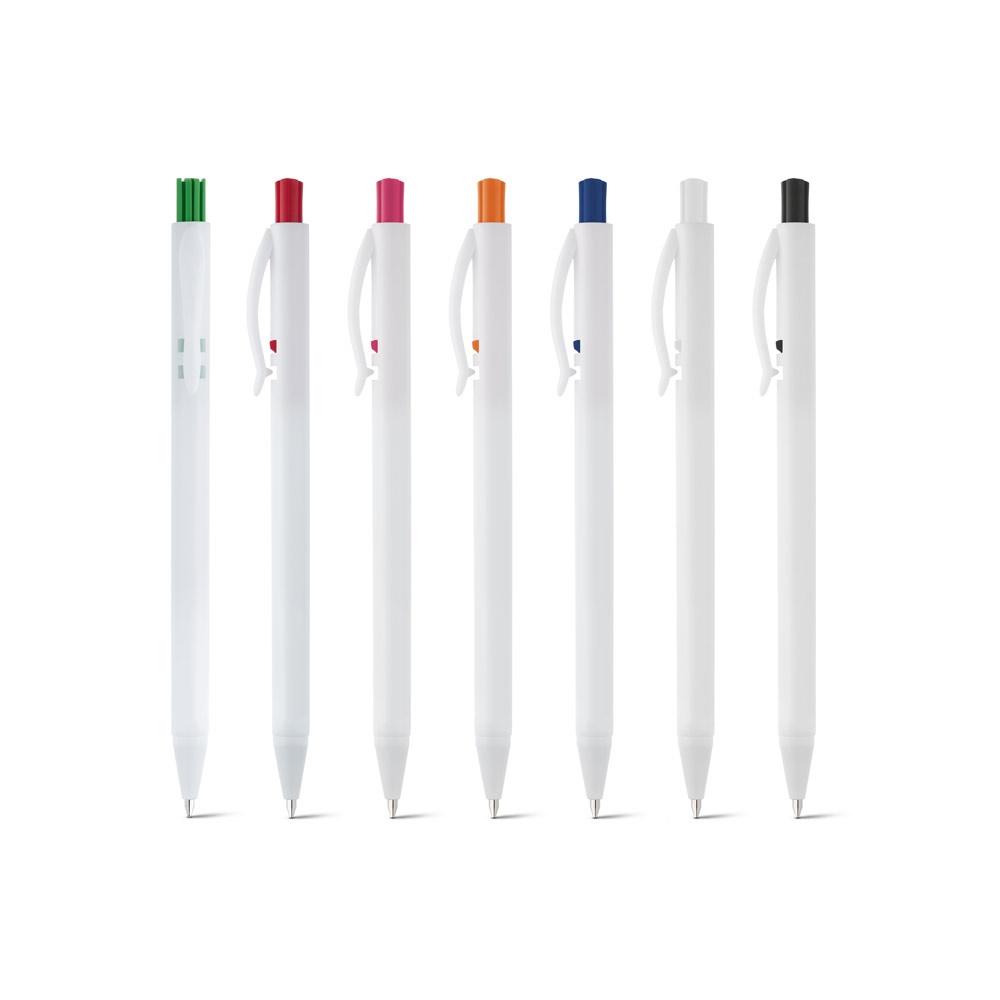 Caneta esferográfica em ABS com corpo branco e mecanismo colorido personalizada com a logo da empresa