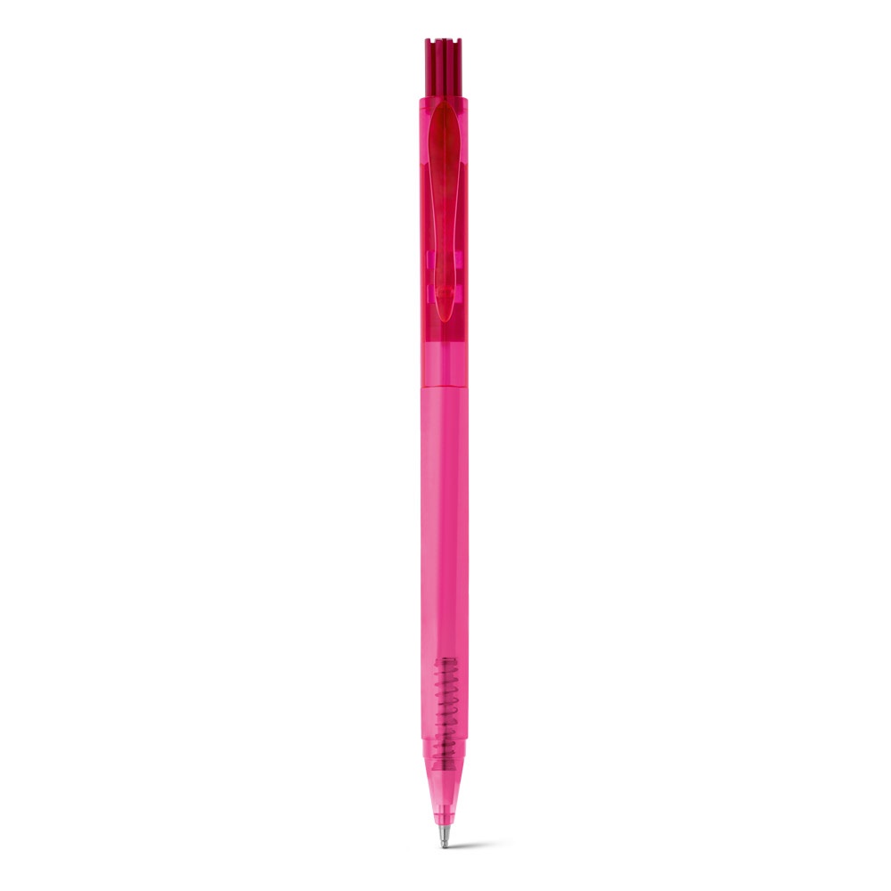 Caneta esferográfica em ABS translúcido com escrita em azul personalizada com a logo da empresa, na cor rosa
