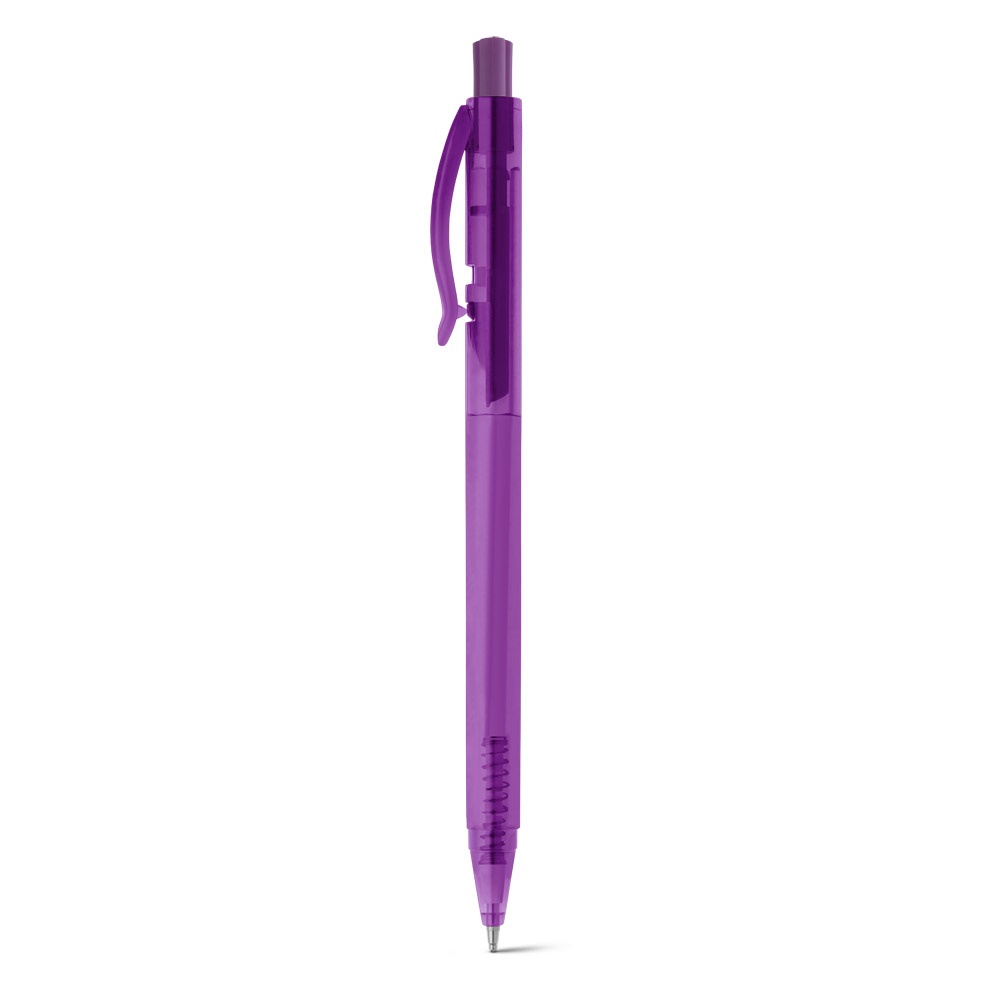 Caneta esferográfica em ABS translúcido com escrita em azul personalizada com a logo da empresa, na cor roxo