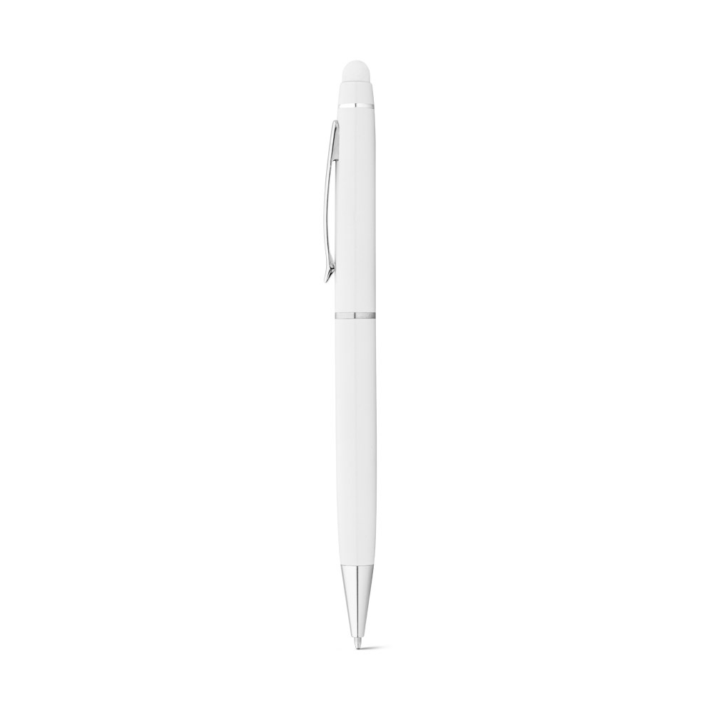 Caneta esferográfica touch giratória em alumínio com caixa de presente na cor Branco, personalizada com a logo da empresa