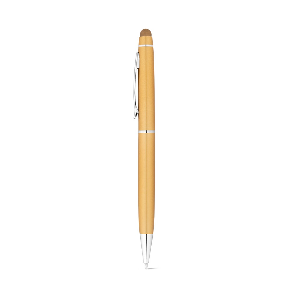 Caneta esferográfica touch giratória em alumínio com caixa de presente personalizada com a logo da empresa, na cor dourado satinado