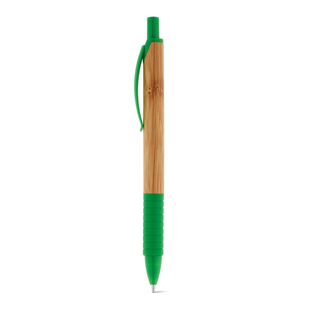 Caneta esferográfica em bambu com antideslizante na cor Verde, personalizada com a logo da empresa