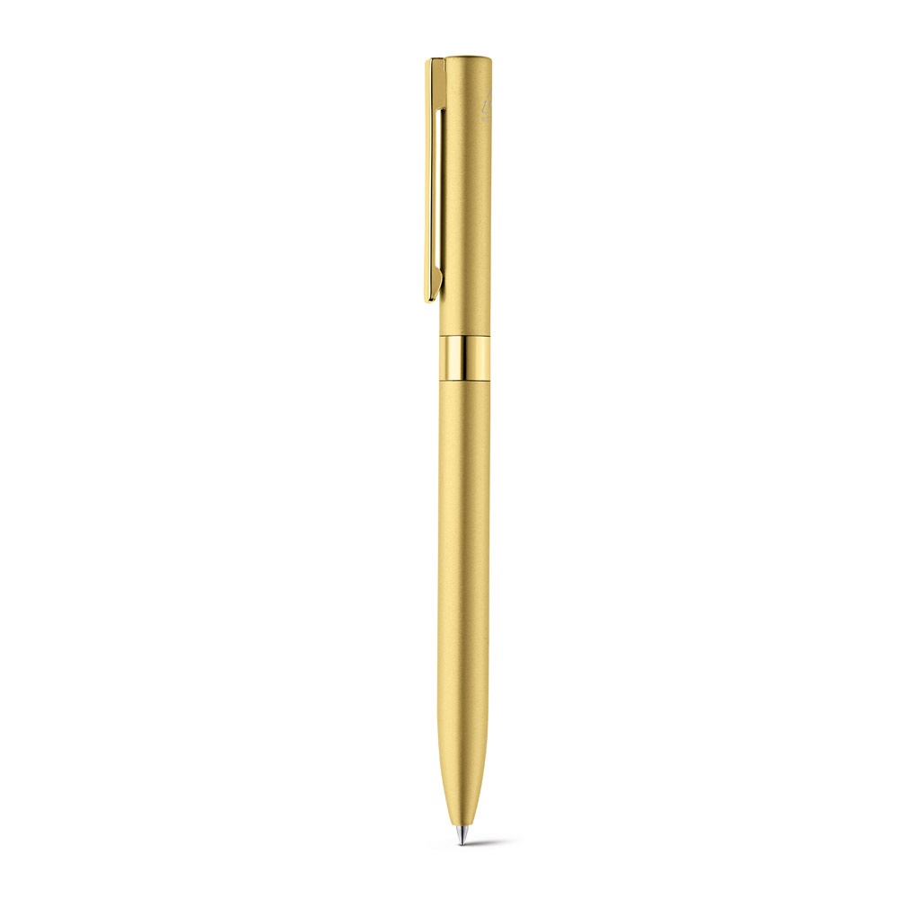 Caneta esferográfica em alumínio 100% reciclado com escrita em preto personalizada com a logo da empresa, na cor dourado satinado