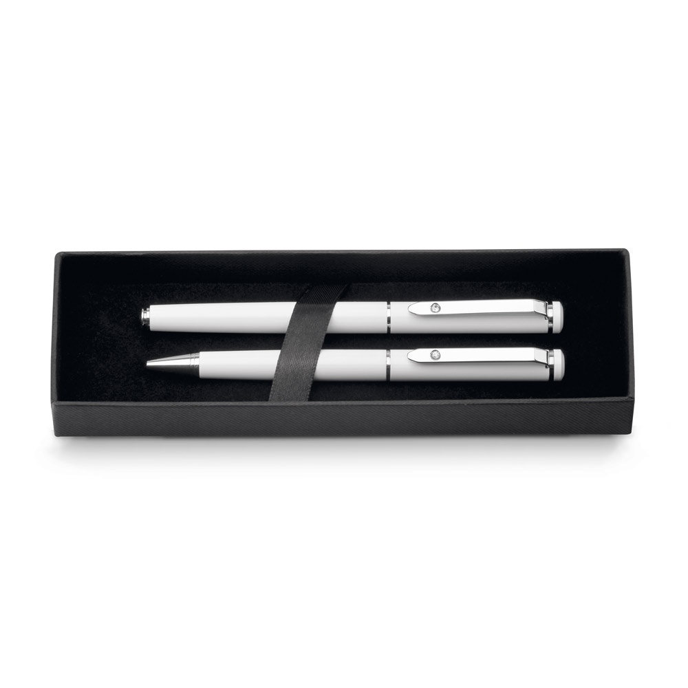 Conjunto de canetas roller e esferográfica em metal na cor Branco, personalizado com a logo da empresa
