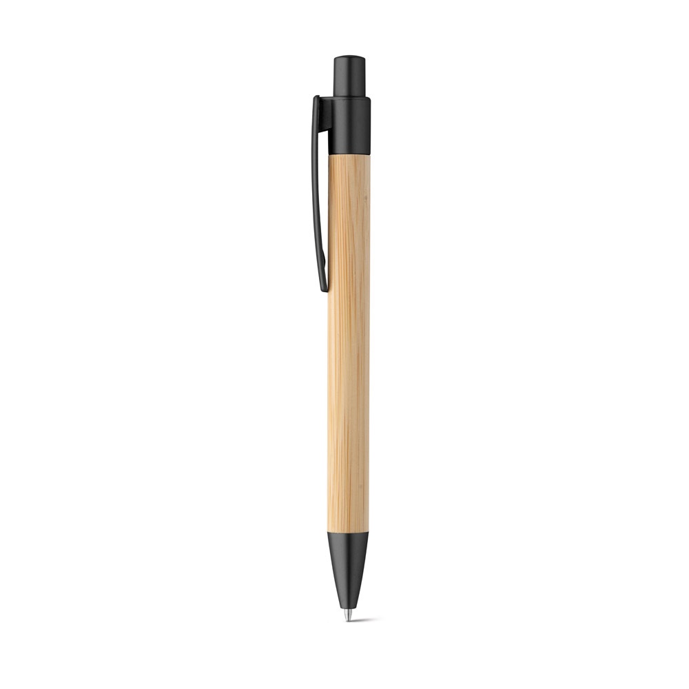 Caneta esferográfica em bambu com clipe e topo prateados na cor Preto, personalizada com a logo da empresa