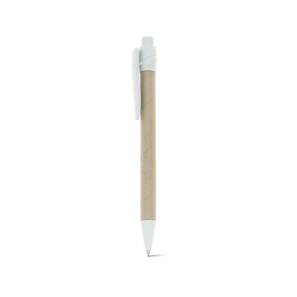 Caneta esferográfica em papel kraft reciclado com escrita em azul personalizada com a logo da empresa, na cor natural