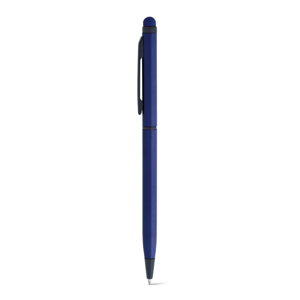 Caneta esferográfica touch giratória em alumínio de corpo fino personalizada com a logo da empresa, na cor azul