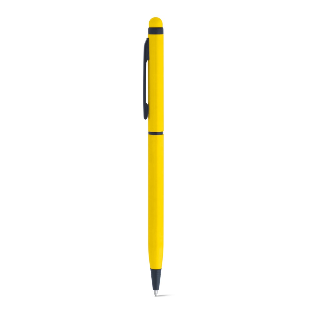 Caneta esferográfica touch giratória em alumínio de corpo fino personalizada com a logo da empresa, na cor amarelo