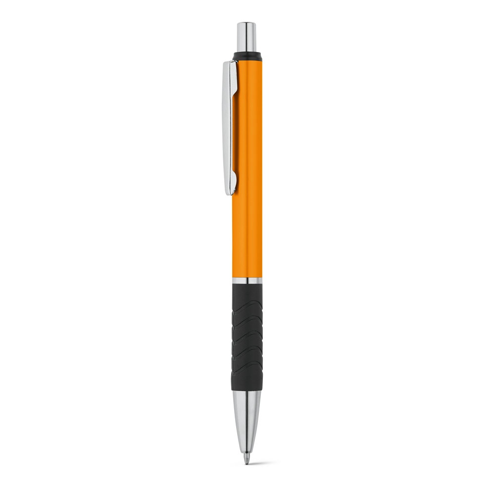 Caneta esferográfica em alumínio com clipe de metal e grip personalizada com a logo da empresa, na cor amarelo escuro