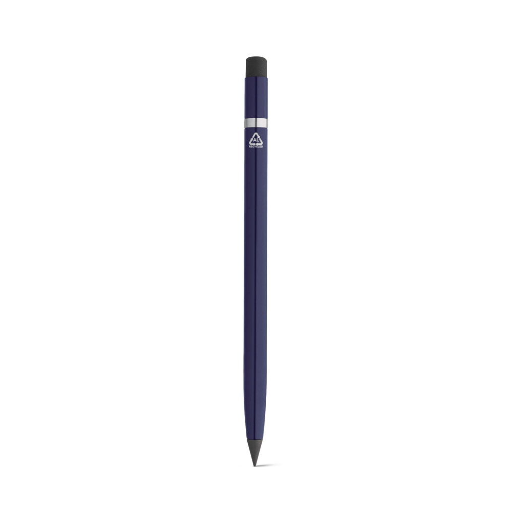 Caneta sem tinta em alumínio 100% reciclado com tampa protetora personalizada com a logo da empresa, na cor azul