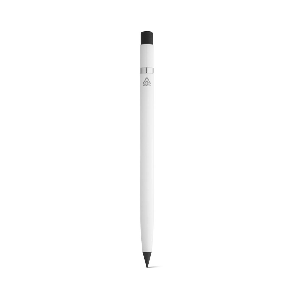 Caneta sem tinta em alumínio 100% reciclado com tampa protetora personalizada com a logo da empresa, na cor branco