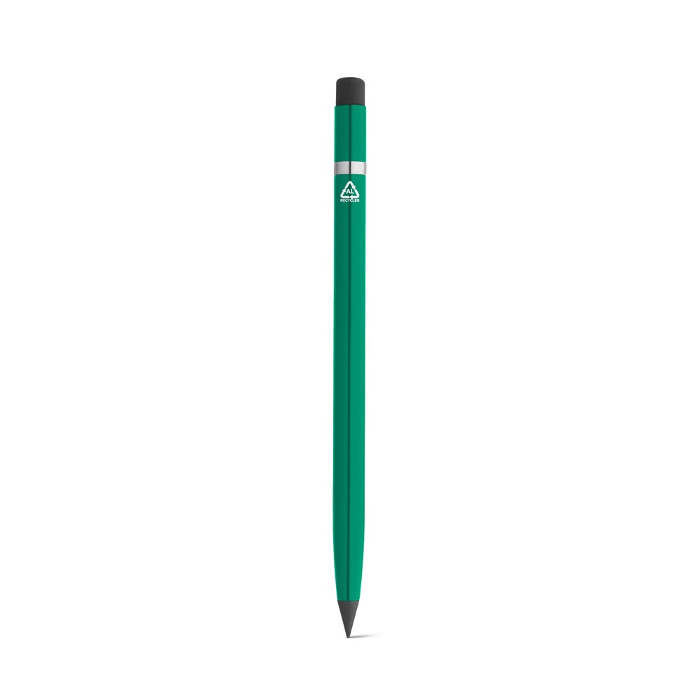 Caneta sem tinta em alumínio 100% reciclado com tampa protetora personalizada com a logo da empresa, na cor verde