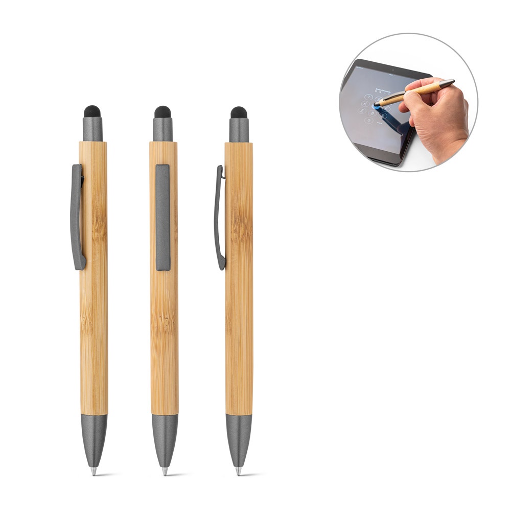 Caneta touch em bambu com acabamento mate e escrita em preto personalizada com a logo da empresa