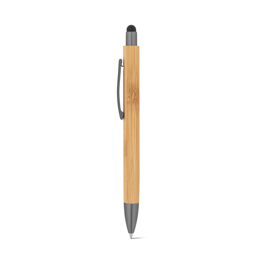 Caneta touch em bambu com acabamento mate e escrita em preto na cor Chumbo, personalizada com a logo da empresa