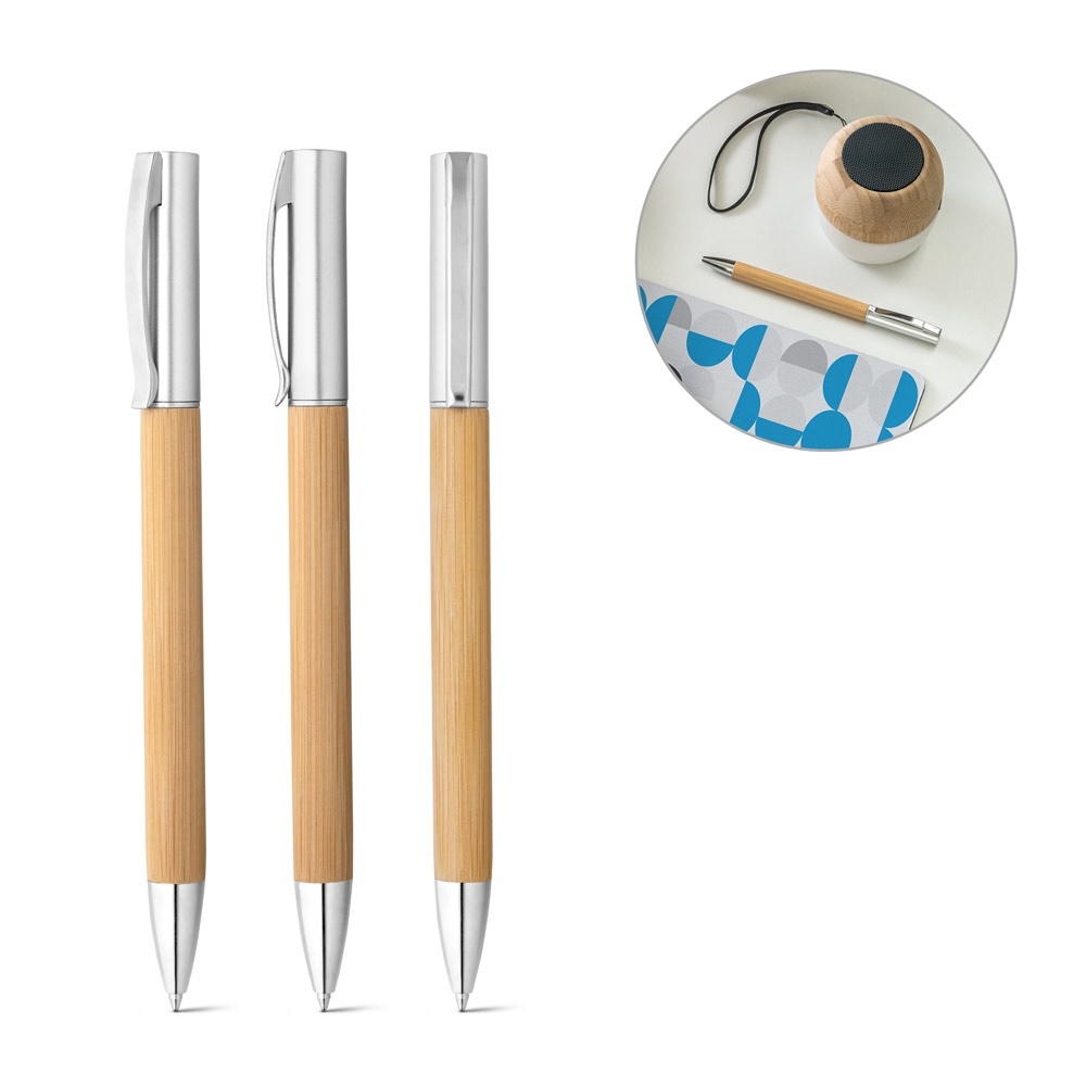 Caneta esferográfica twist em bambu e ABS com acabamento metálico mate personalizada com a logo da empresa