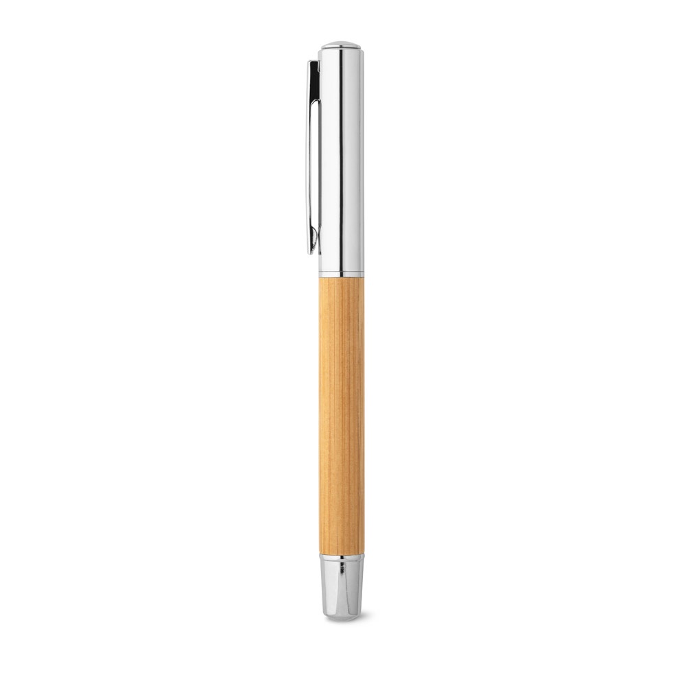 Caneta roller em aço inox 90% reciclado e bambu com escrita em azul na cor Natural, personalizada com a logo da empresa
