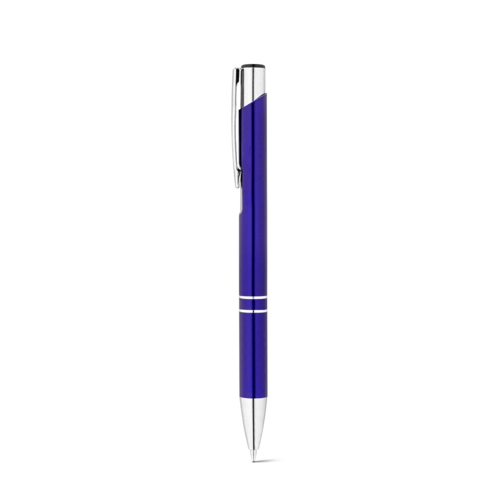 Caneta esferográfica em alumínio 100% reciclado com dois anéis personalizada com a logo da empresa, na cor azul royal